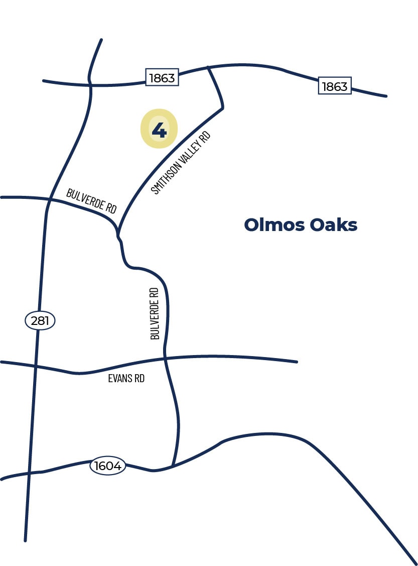 Map-Olmos Oaks Olmos Oaks map with major roads highlighted.