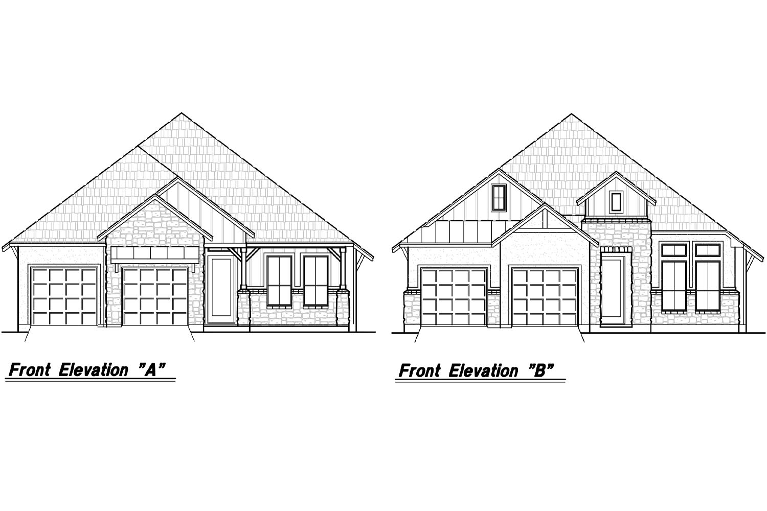 Two house front elevation designs labeled A and B.