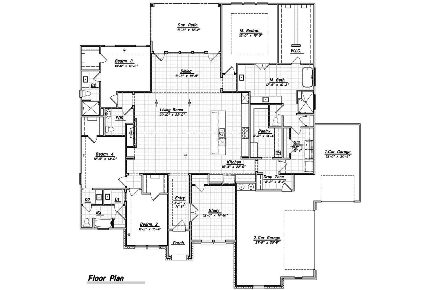 House floor plan with multiple rooms and garages.