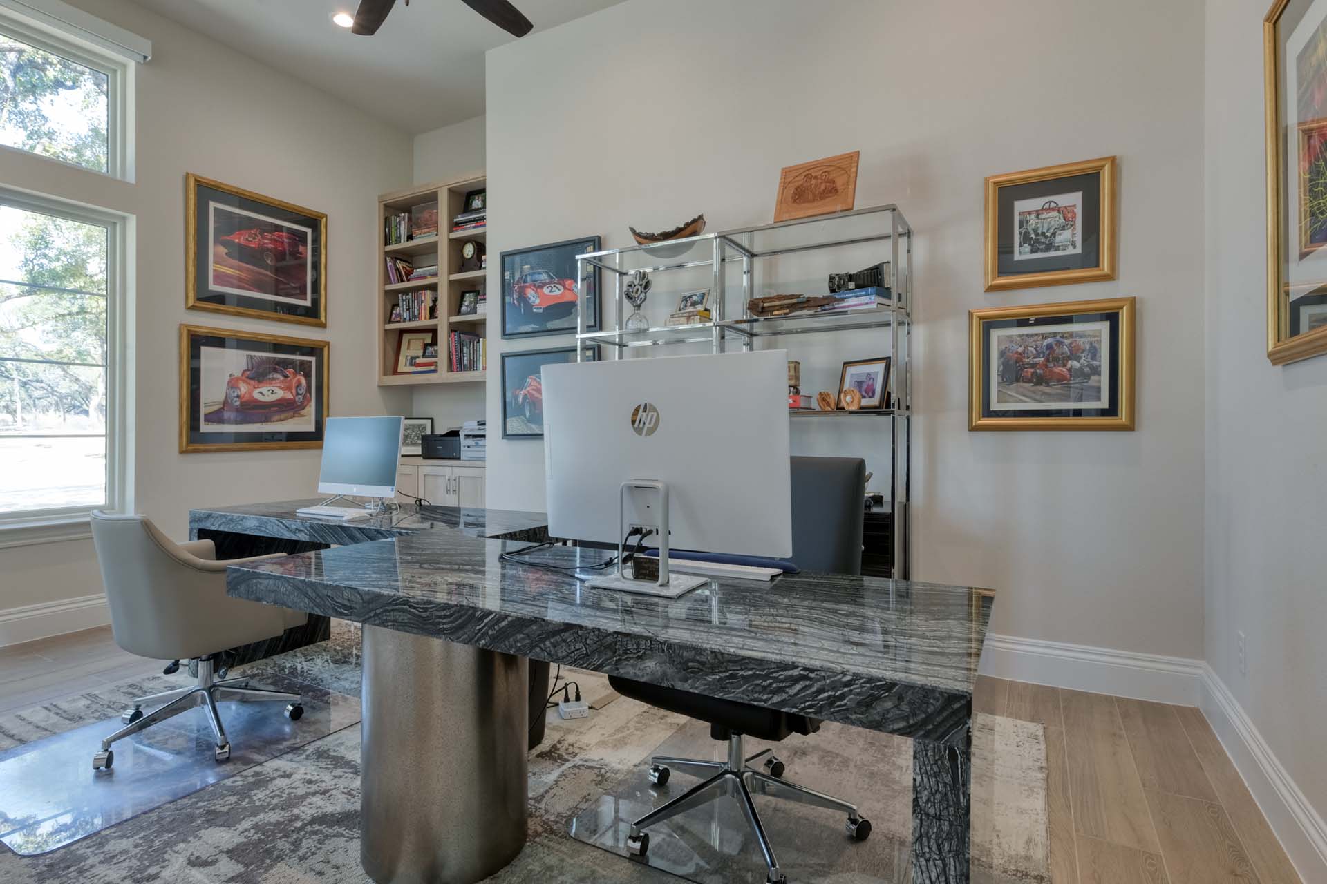 Modern home office with racing car decor.